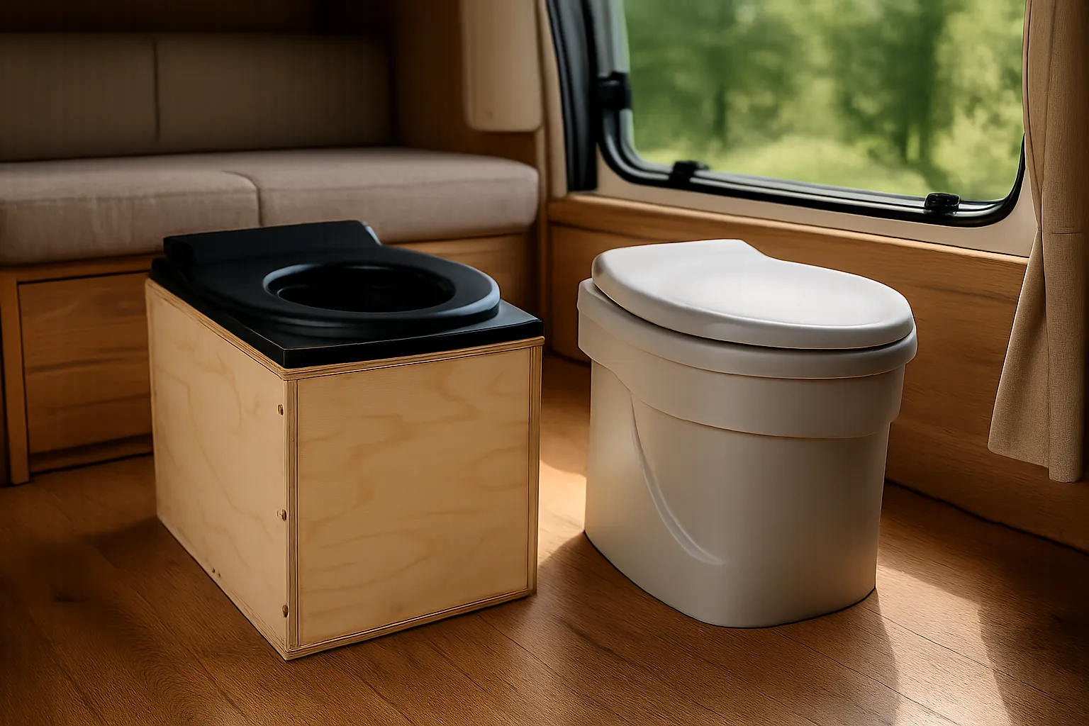 Zwei tragbare Trenntoiletten nebeneinander in einem Campervan