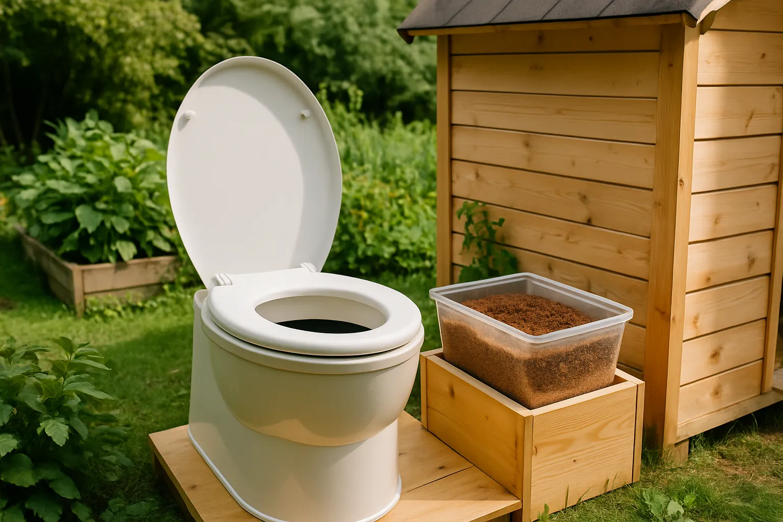 Weiße Komposttoilette mit geöffnetem Deckel auf einem Holzpodest im Garten, daneben eine Kiste mit Streu vor einem Holzschuppen