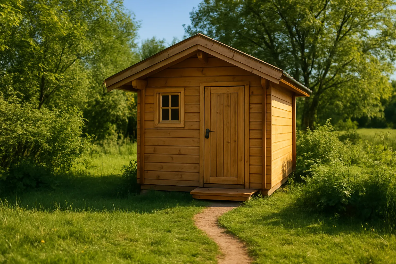 Kleines Holzhaus auf einem Wochenendgrundstück ohne Kanalanschluss