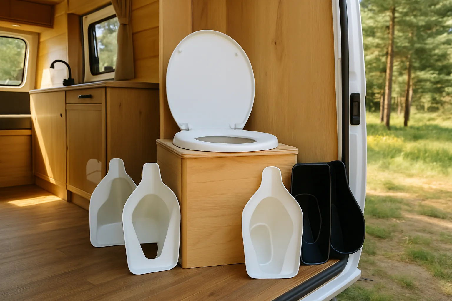 Selbstgebaute Trenntoilette aus Holz in einem Campervan, davor mehrere weiße und schwarze Trenneinsätze an die Wand gelehnt