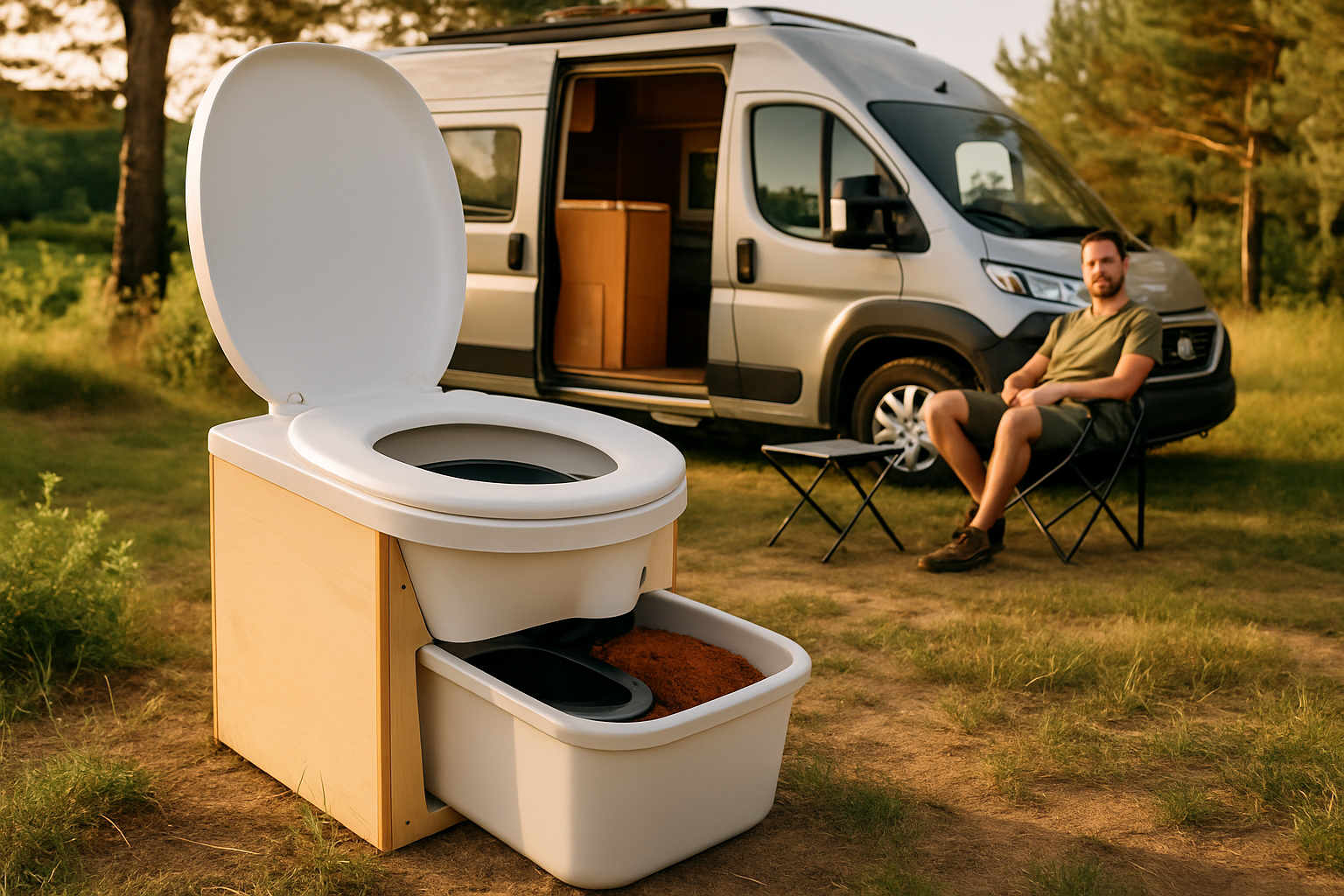 Portable Trenntoilette beim Camping im Zelt mit Natur im Hintergrund