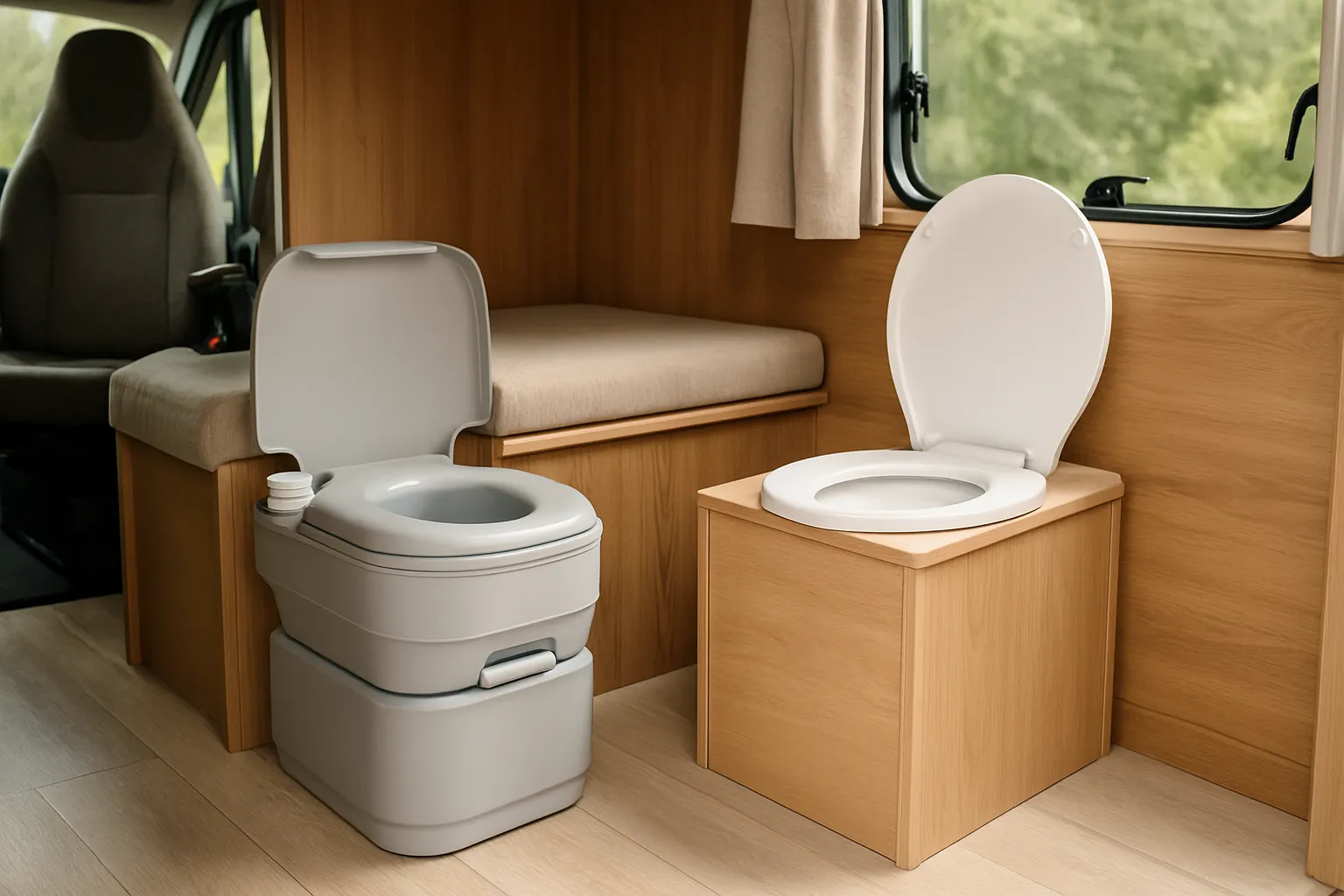 Tragbare Chemietoilette und Trenntoilette nebeneinander in einem Wohnmobil