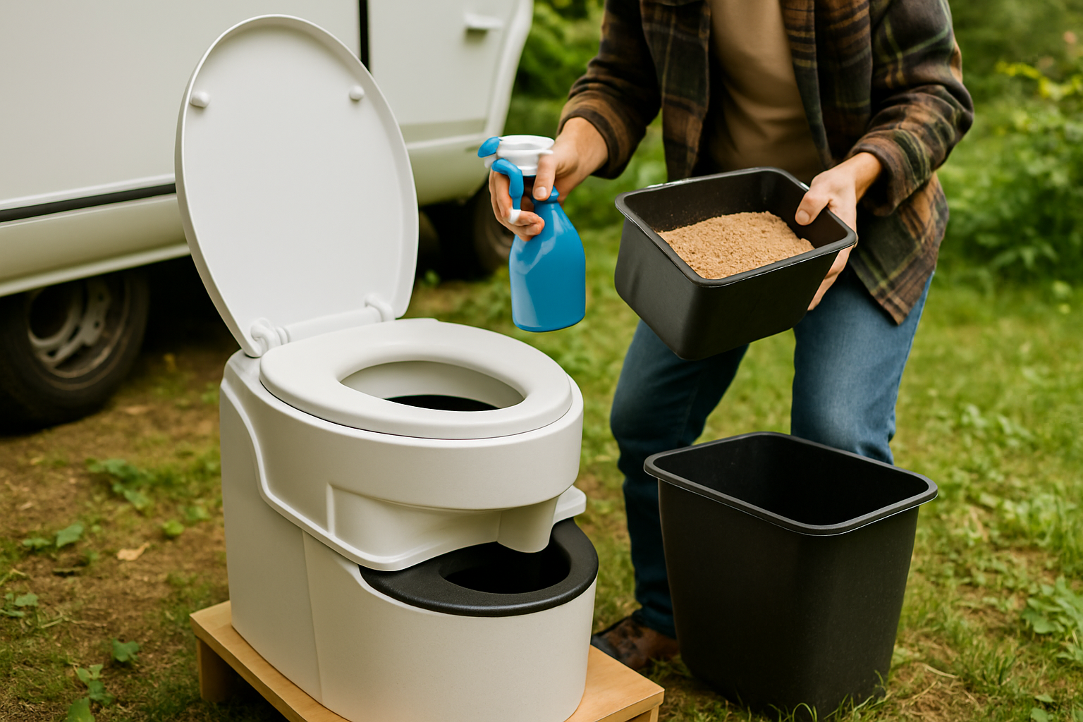Gepflegte Trenntoilette mit Reinigungsutensilien und Streugut