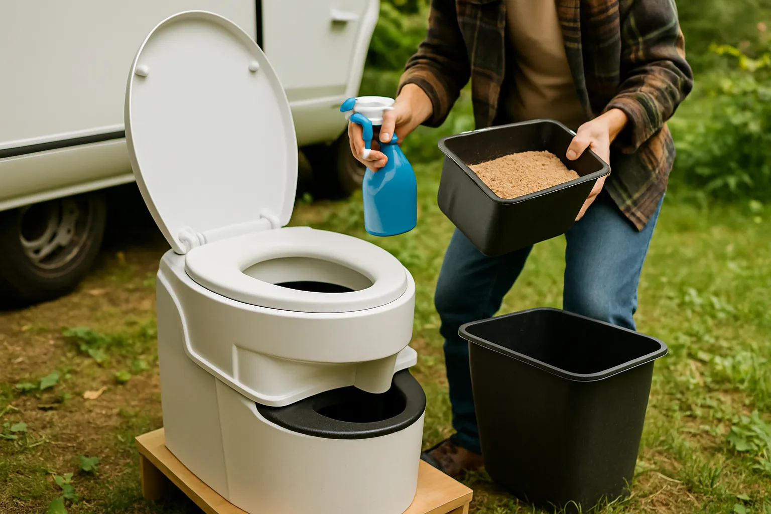 Gepflegte Trenntoilette mit Reinigungsutensilien und Streugut