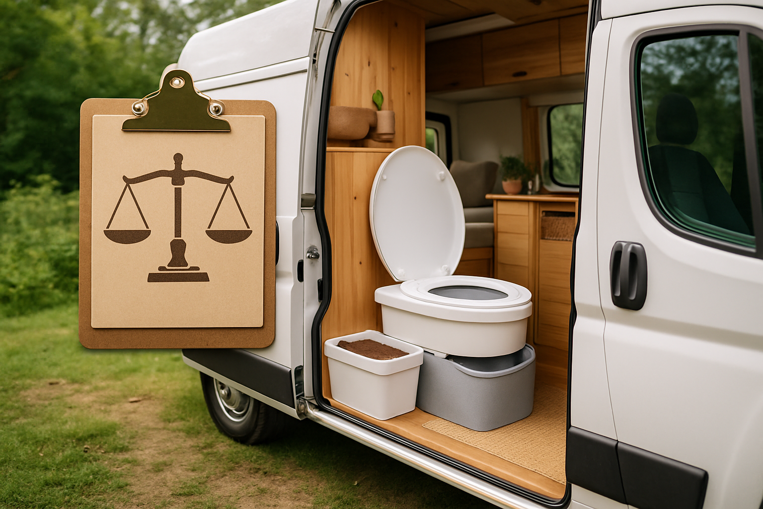 Paragraphenzeichen und Trenntoilette symbolisieren rechtliche Vorschriften für Komposttoiletten