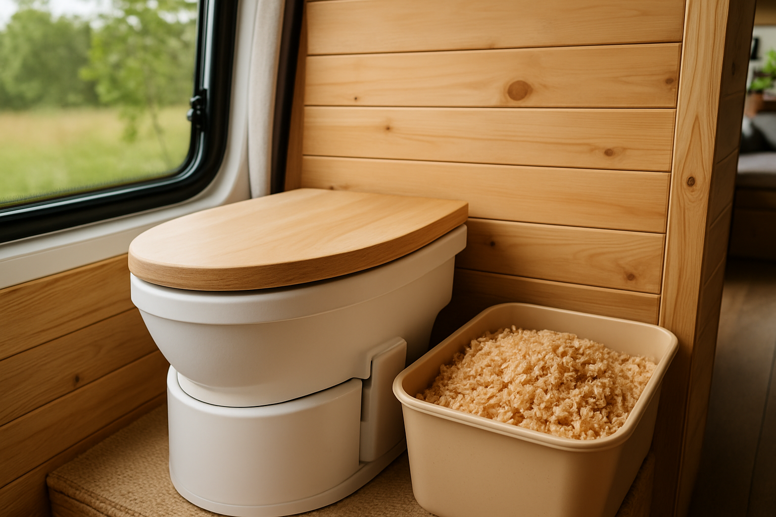 Sägemehl und Holzspäne als Streugut in einem Behälter neben einer Trenntoilette