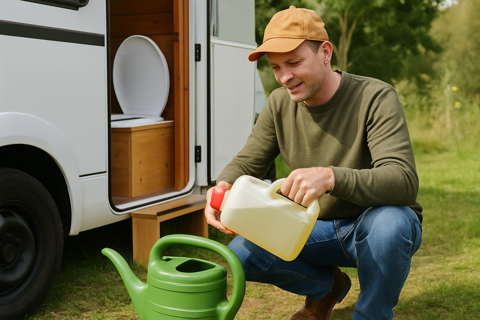 Hand entleert gelben Urin-Kanister einer Trenntoilette in einen Garten