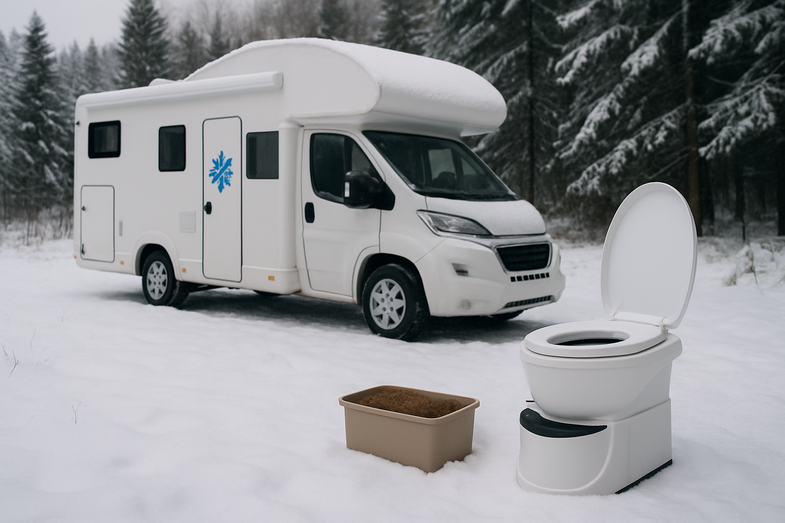 Trenntoilette im verschneiten Wohnmobil bei Wintercamping