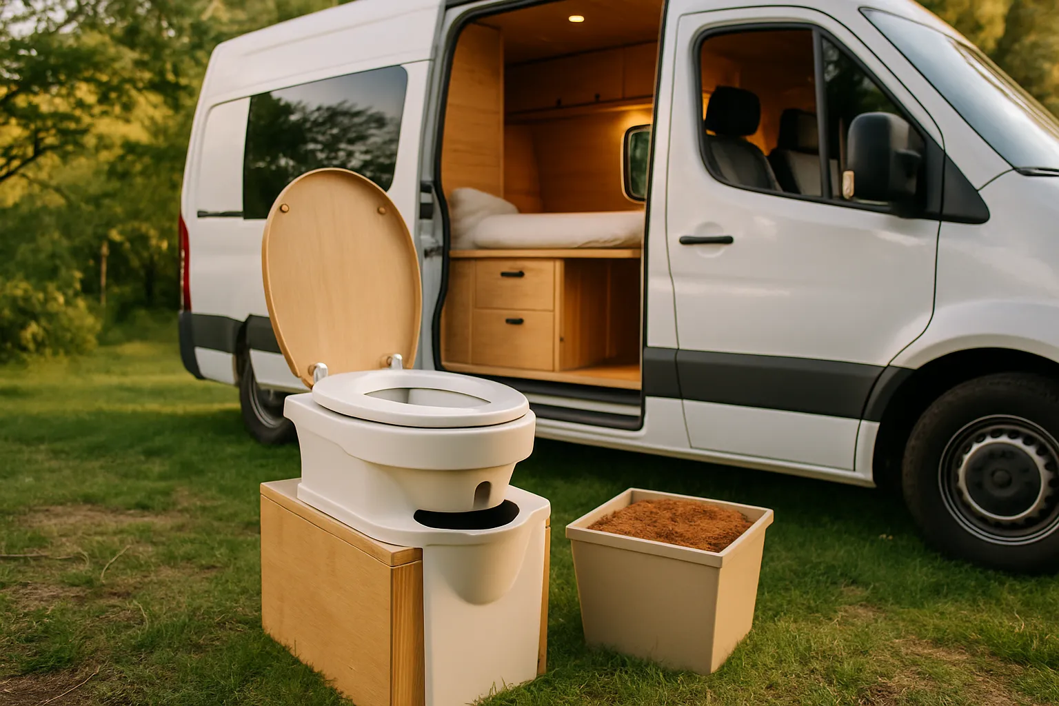 Trockentrenntoilette mit Holzsockel und geöffnetem Deckel auf einer Wiese vor einem Campervan, daneben ein Behälter mit Kokos-Streugut
