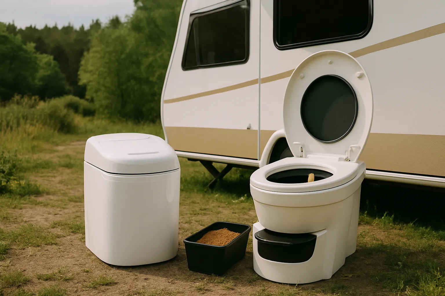 Zwei wasserlose Campingtoiletten vor einem Wohnwagen: links eine geschlossene weiße Box-Toilette, rechts eine Toilette mit geöffnetem Deckel, davor eine Schale mit Streugut